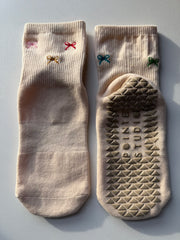 Cream Embroidered Bow Pilates Socks - Joyful Collective
