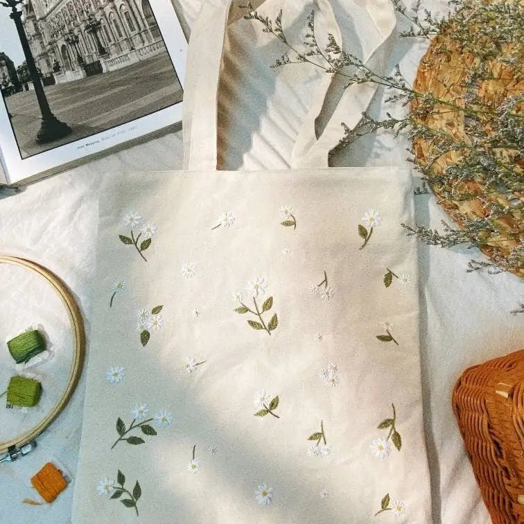 Light Beige Daisy Embroidered Canvas Tote Bag - Joyful Collective