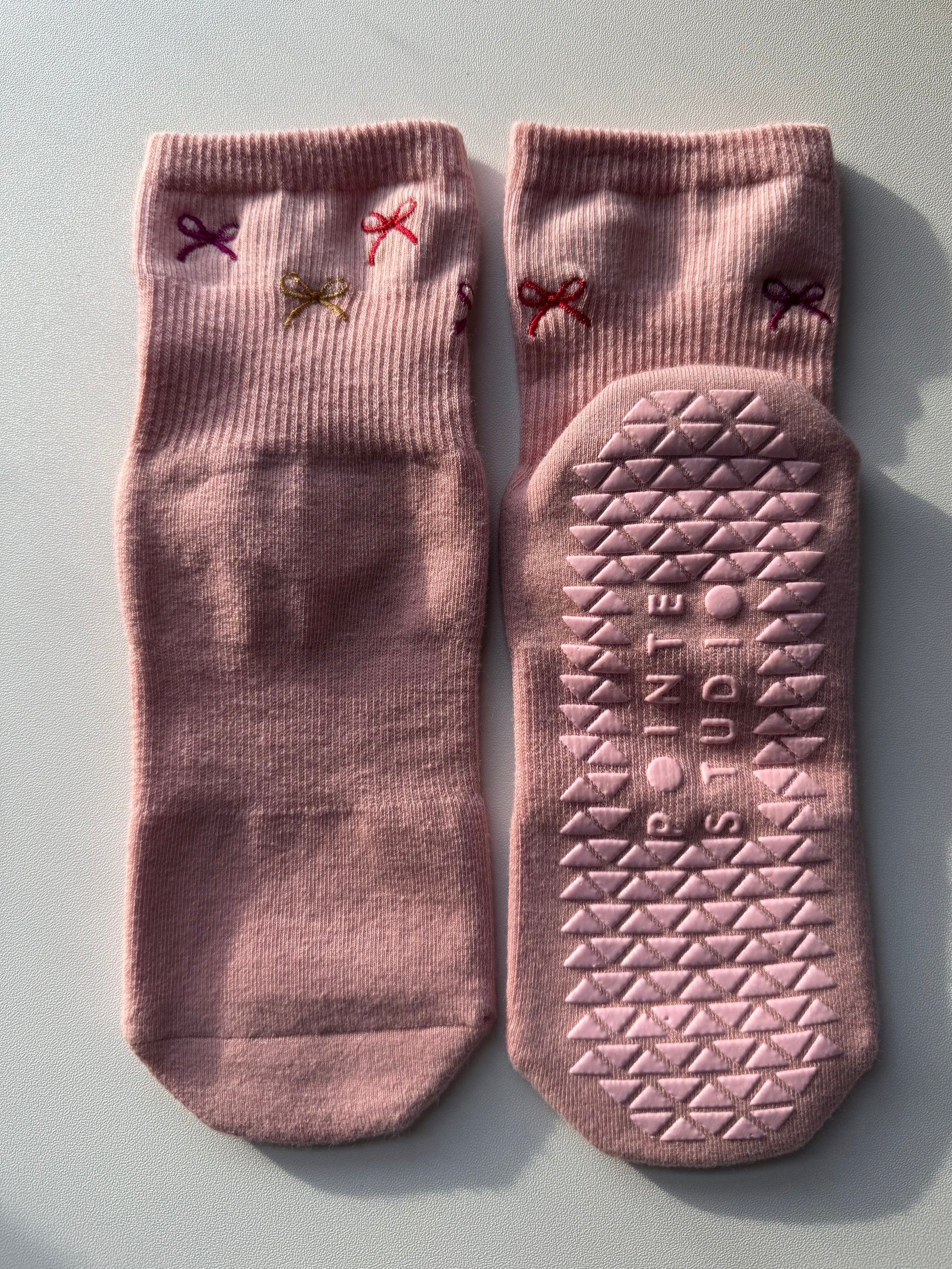 Pink Embroidered Bow Pilates Socks - Joyful Collective