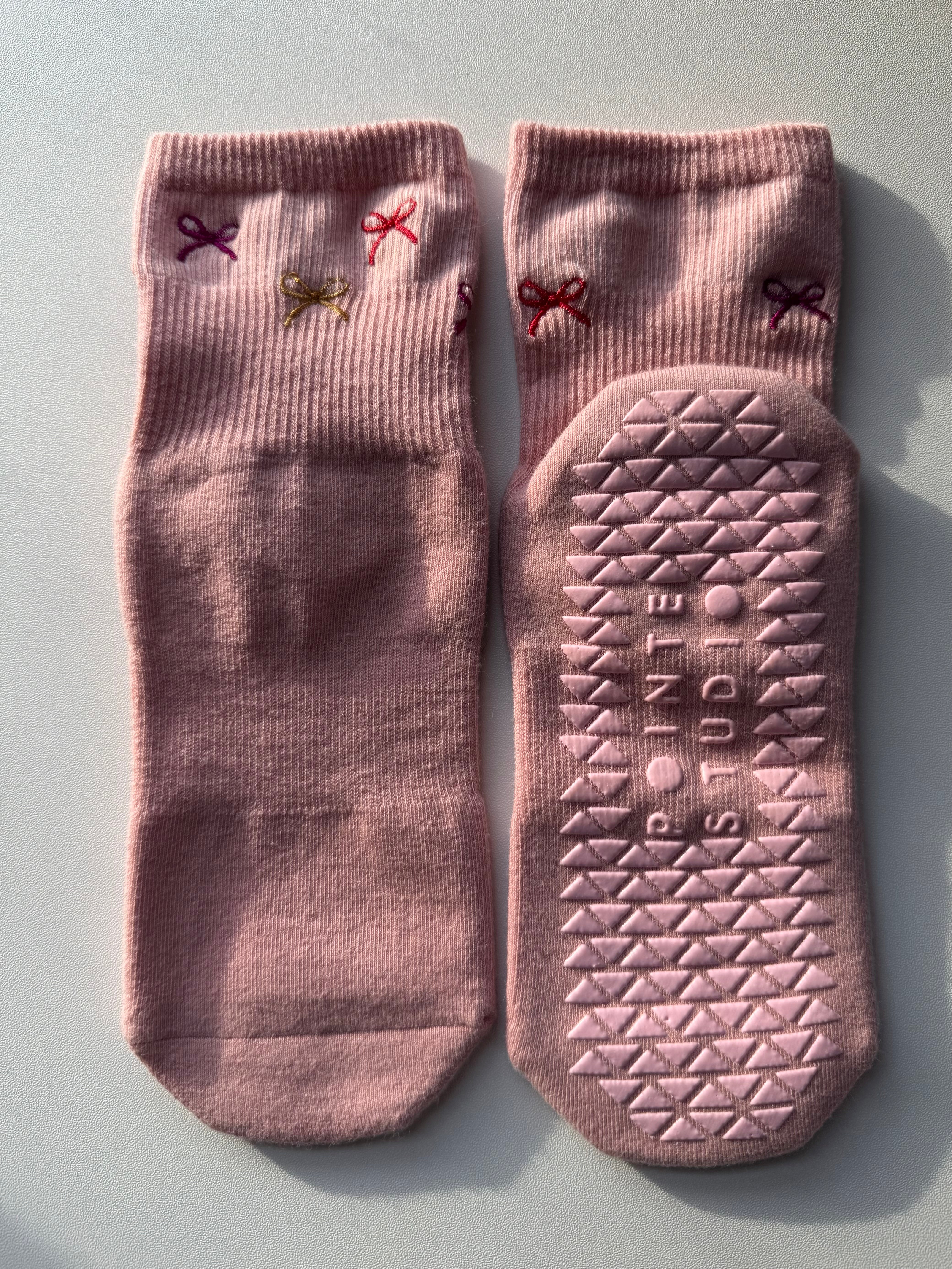 Pink Embroidered Bow Pilates Socks - Joyful Collective