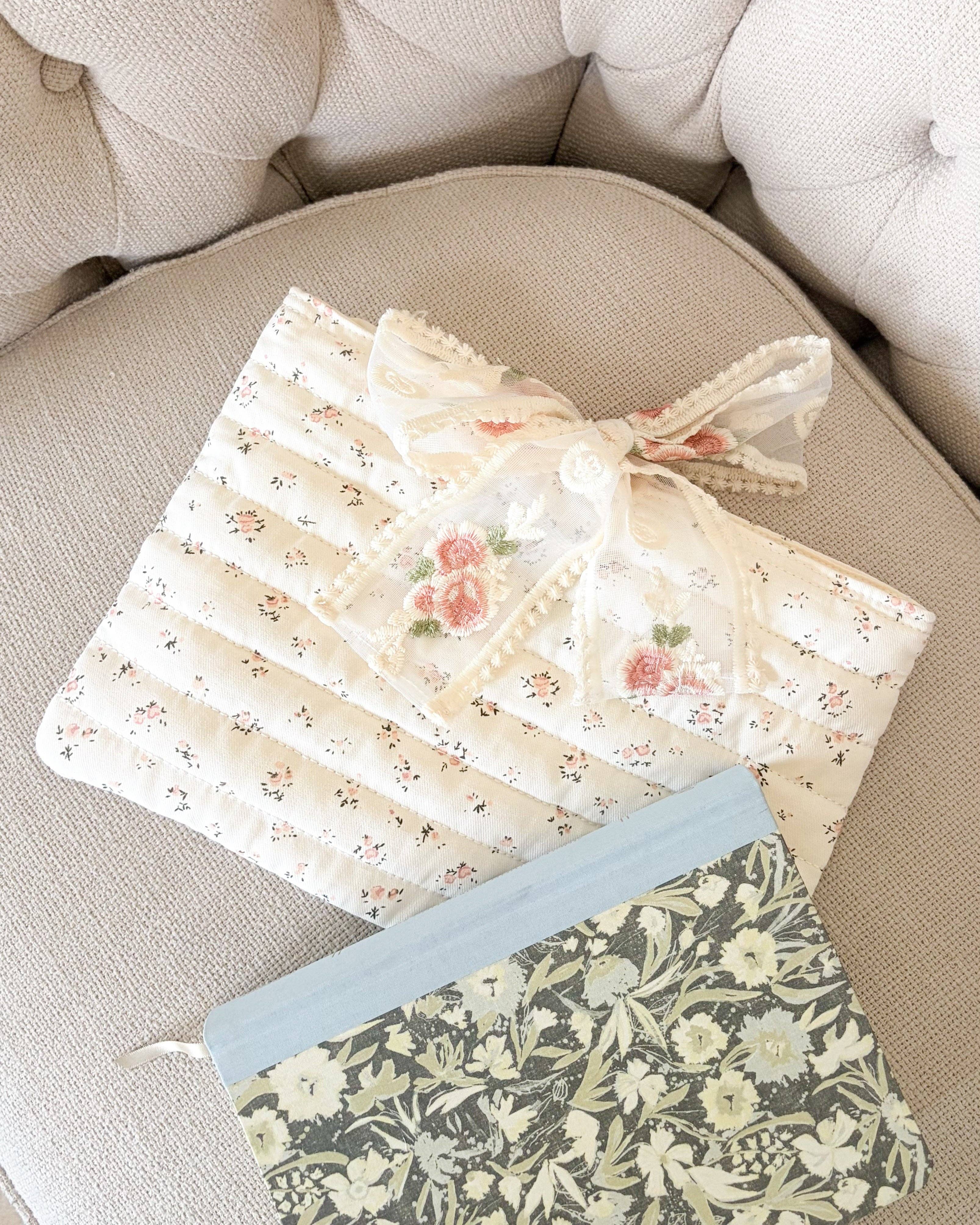 Pink Flower Large Book Sleeve with Lace Ribbon