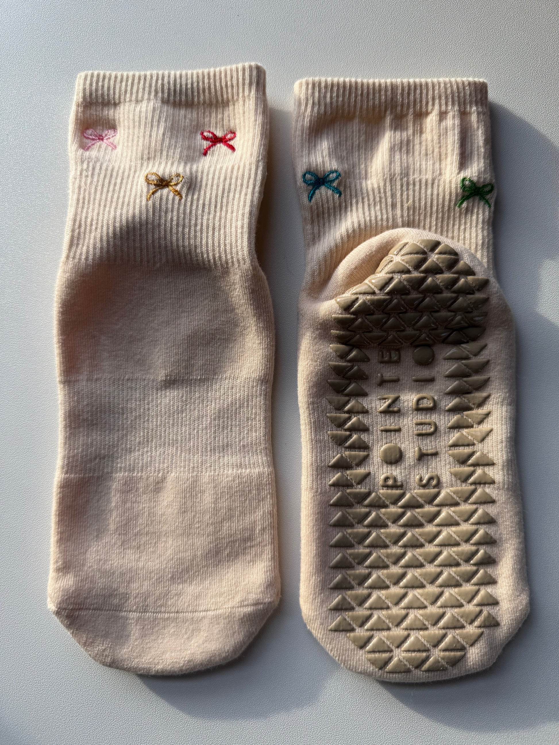 Cream Embroidered Bow Pilates Socks - Joyful Collective