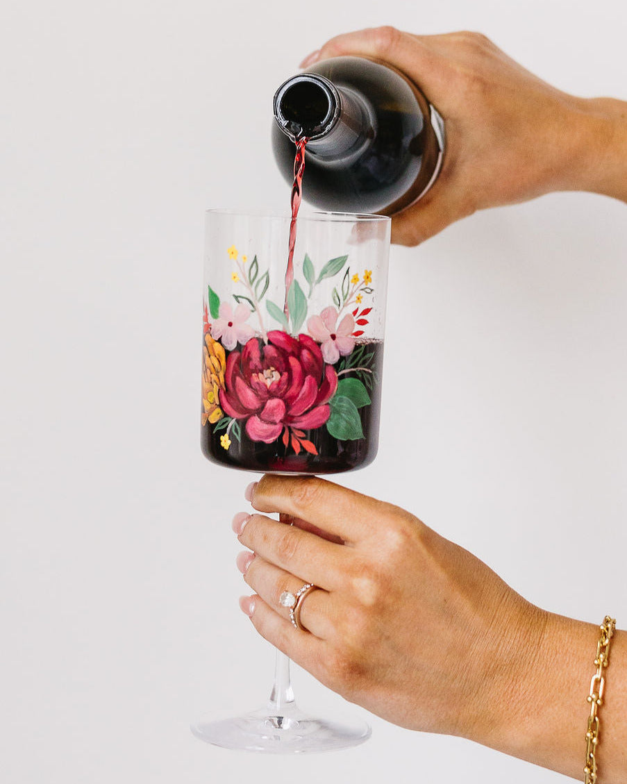 Hand Painted Floral Wine Glass - Joyful Collective